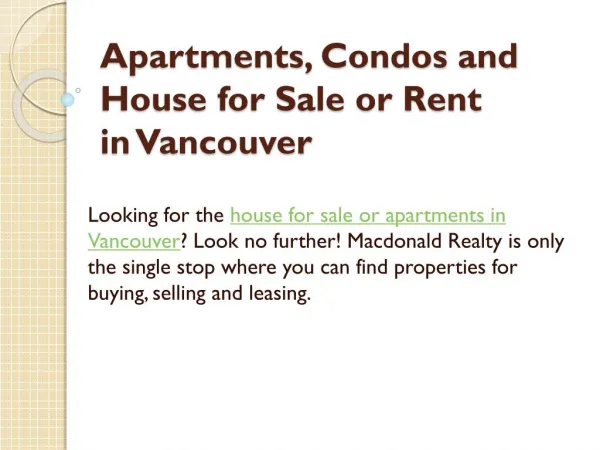 Apartments, Condos and House for Sale or Rent in Vancouver