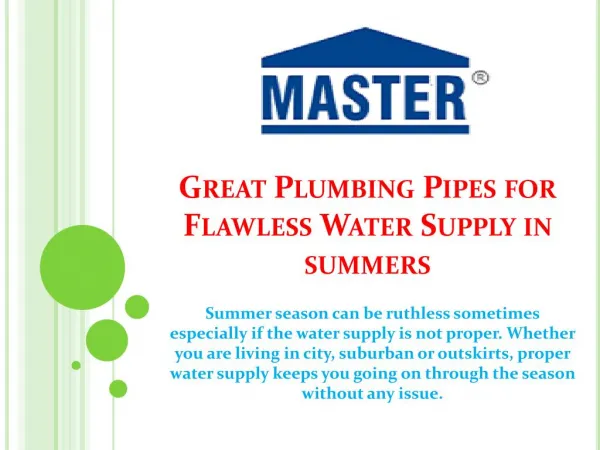 Great Plumbing Pipes for Flawless Water Supply in summers
