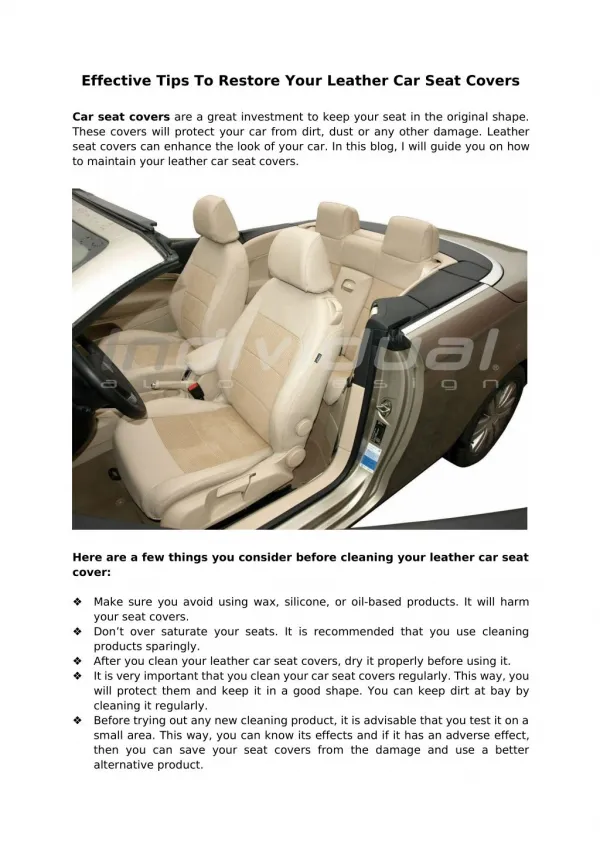 Effective Tips To Restore Your Leather Car Seat Covers