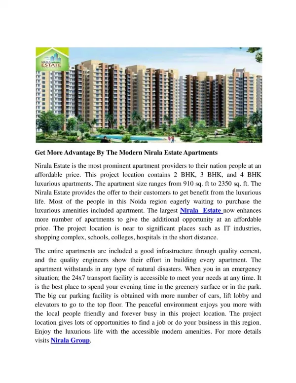 Get More Advantage By The Modern Nirala Estate Apartments