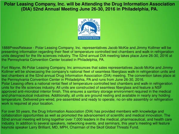 Polar Leasing Company, Inc. will be Attending the Drug Information Association (DIA) 52nd Annual Meeting June 26-30, 201