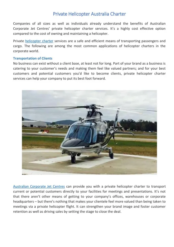 Private Helicopter Australia Charter