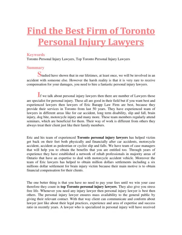 Find the Best Firm of Toronto Personal Injury Lawyers
