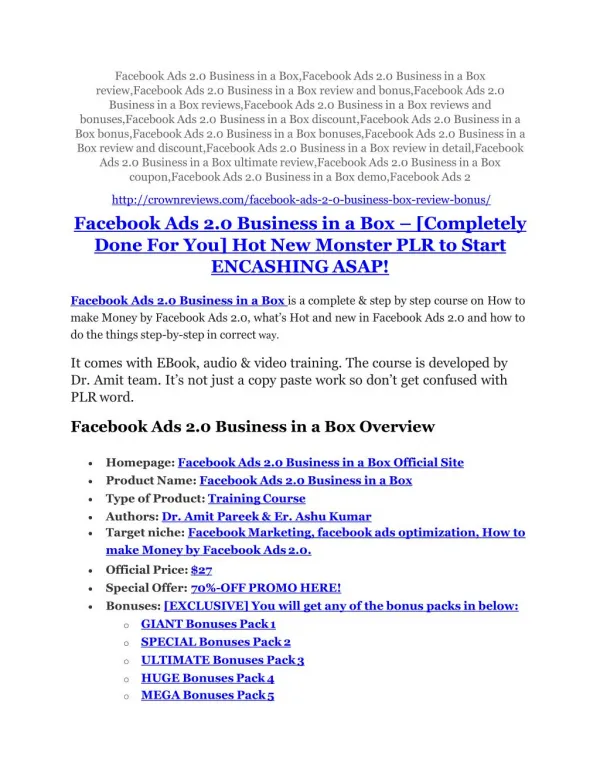 FB Ads 2.0 Biz In A Box review and (MEGA) bonuses – FB Ads 2.0 Biz In A Box