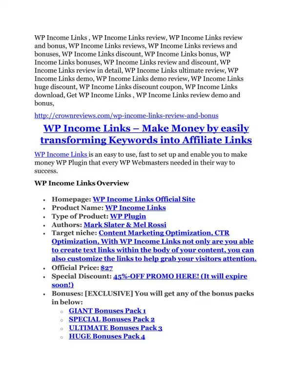 WP Income Links review and (Free) $21,400 Bonus & Discount