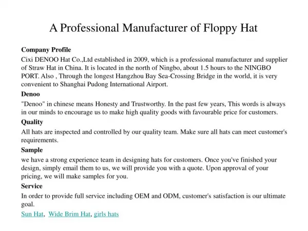 a professional manufacturer of floppy hat, beach hat, sun hat, wide brim hat,