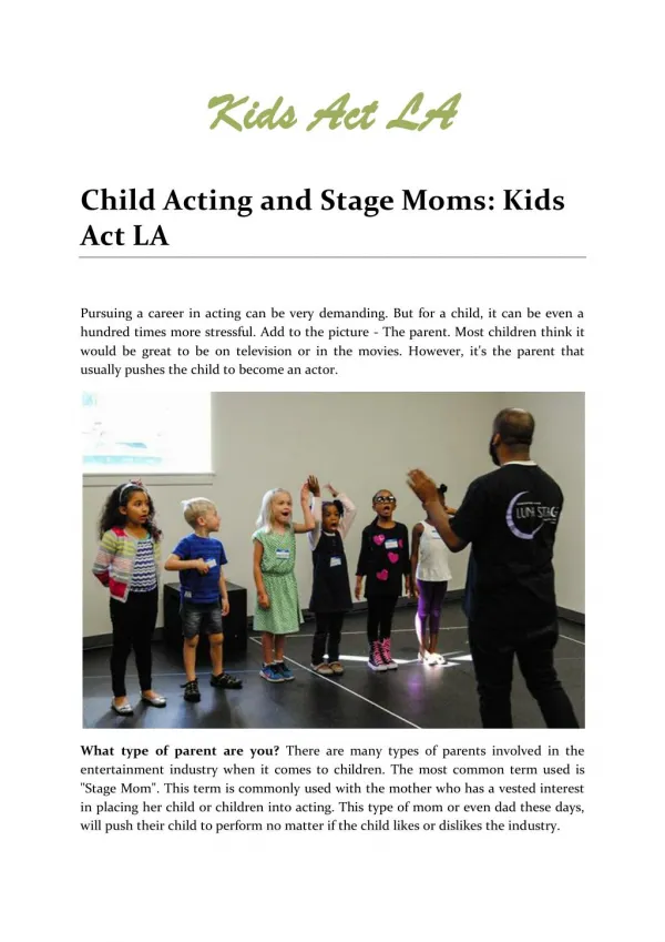 Child Acting and Stage Moms: Kids Act LA