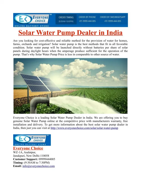 Solar Water Pump Dealer in India
