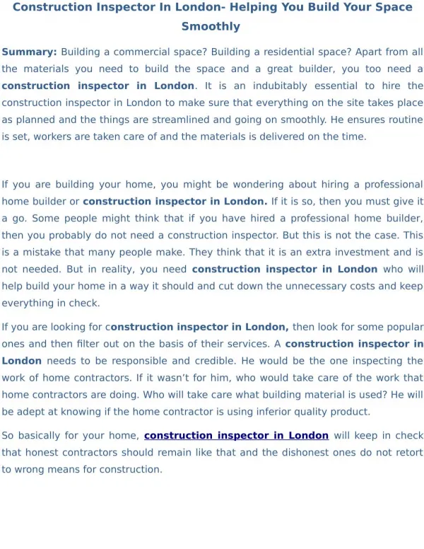 Construction Inspector In London- Helping You Build Your Space Smoothly
