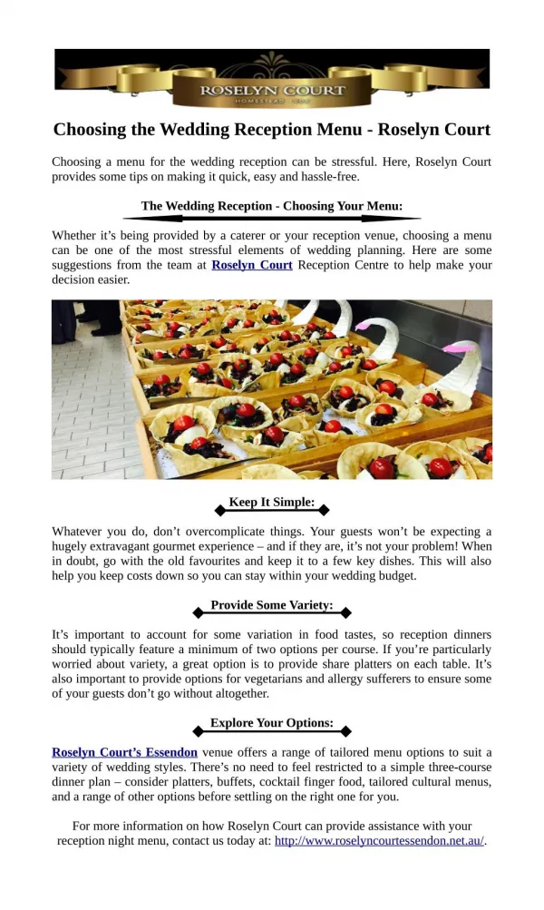 Choosing the Wedding Reception Menu - Roselyn Court