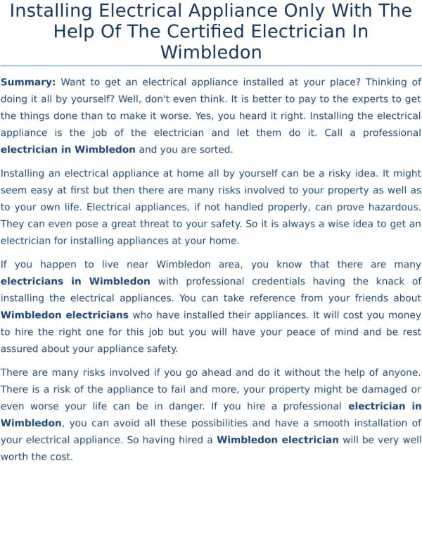 Installing Electrical Appliance Only With The Help Of The Certified Electrician In Wimbledon