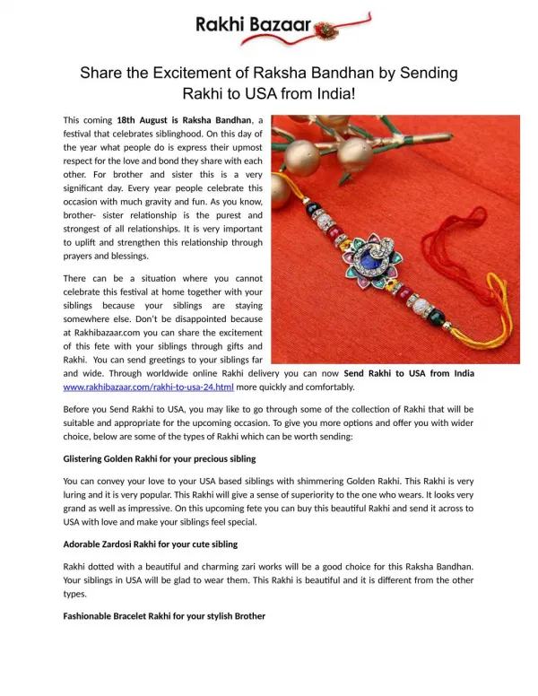Share the Excitement of Raksha Bandhan by Sending Rakhi to USA from India!