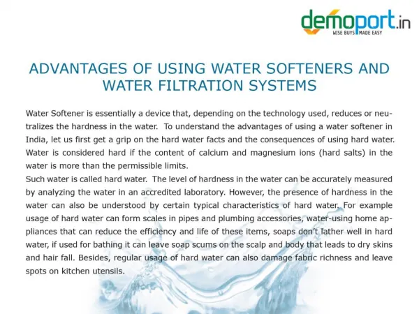 Water Softeners, Water Filtration Plants for home in India Demoport.in
