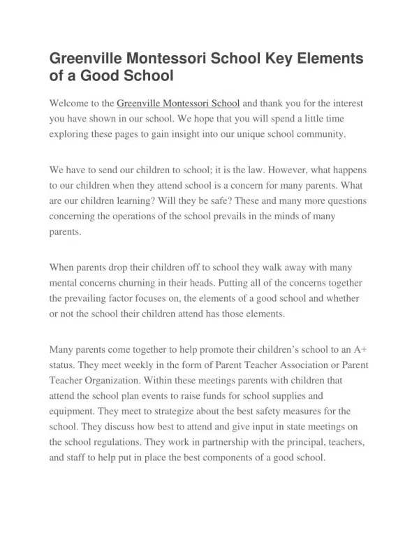 Greenville Montessori School Key Elements of a Good School