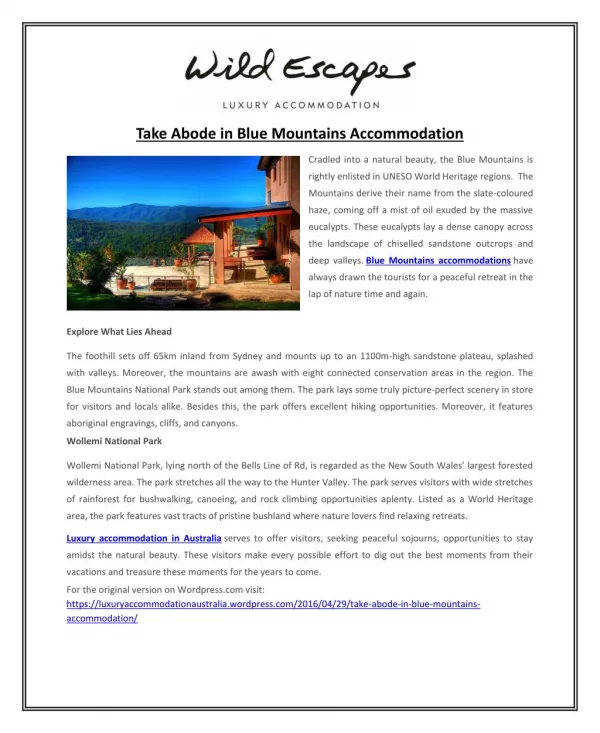 Take Abode in Blue Mountains Accommodation