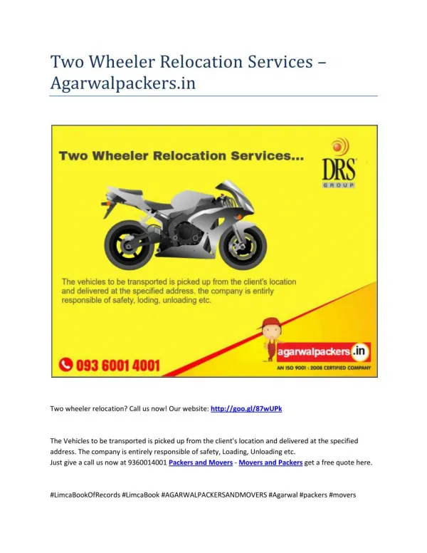 Two Wheeler Relocation Services - Agarwalpackers.in