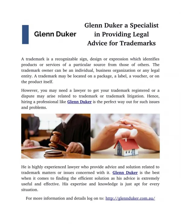 Glenn Duker a Specialist in Providing Legal Advice for Trademarks