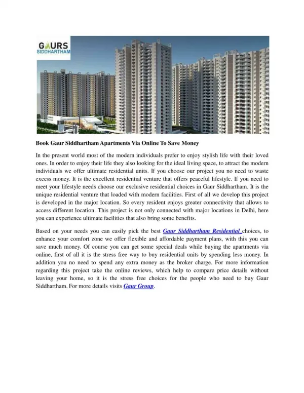 Book Gaur Siddhartham Apartments Via Online To Save Money