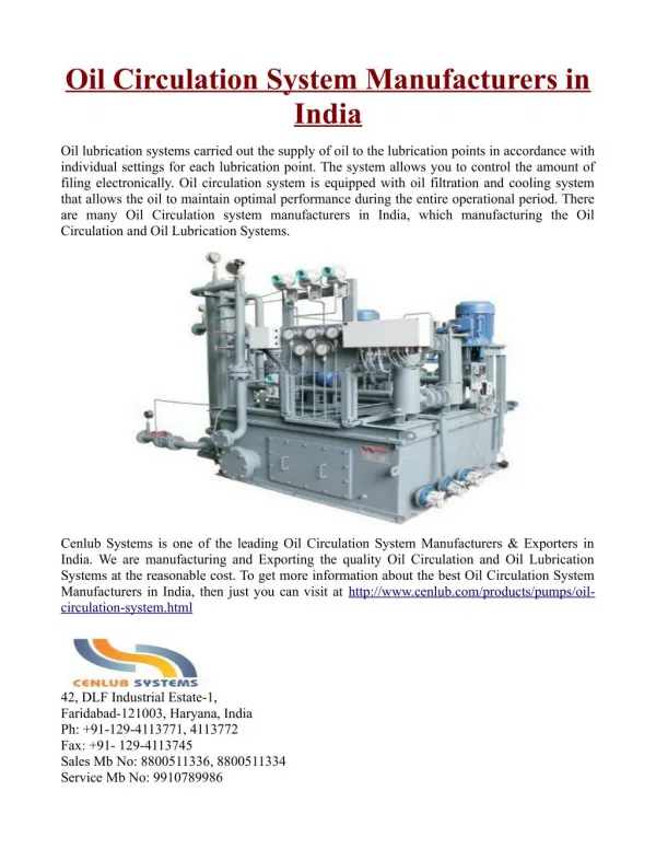 Oil Circulation System Manufacturers in India