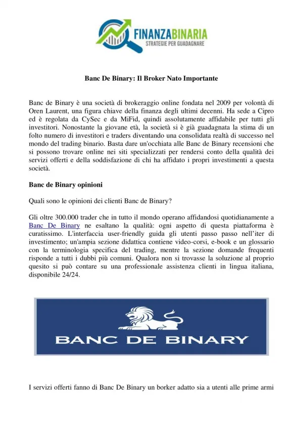 Banc De Binary: Il Broker Nato Importante