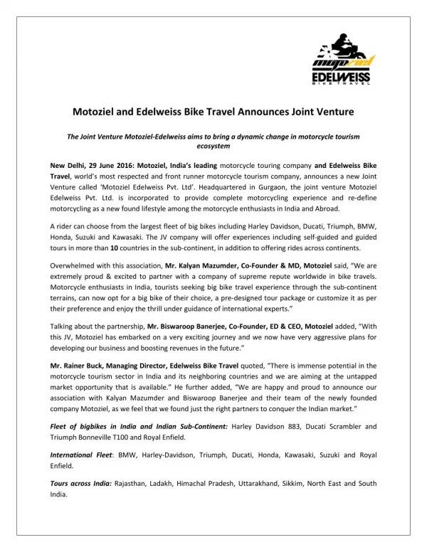 Motoziel and Edelweiss Bike Travel Announces Joint Venture