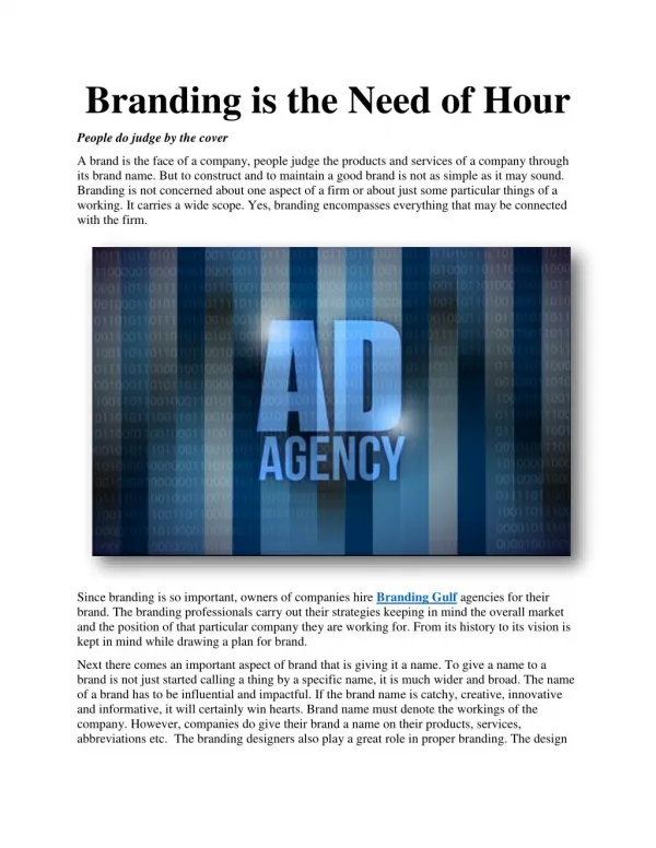 Branding is the Need of Hour