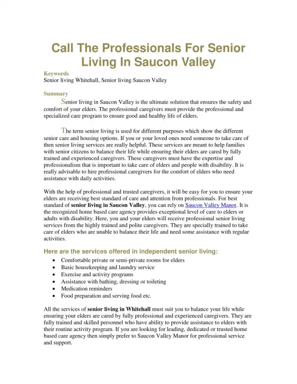 Call The Professionals For Senior Living In Saucon Valley
