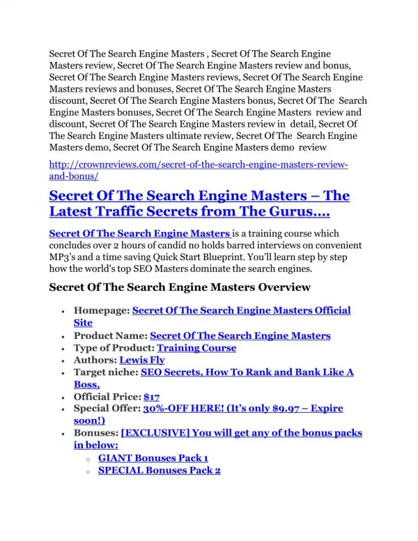 Secret Of The Search Engine Masters review- Secret Of The Search Engine Masters (MEGA) $21,400 bonus