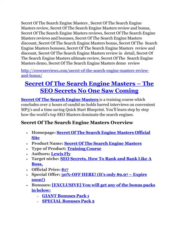 Secret Of The Search Engine Masters review - EXCLUSIVE bonus of Secret Of The Search Engine Masters