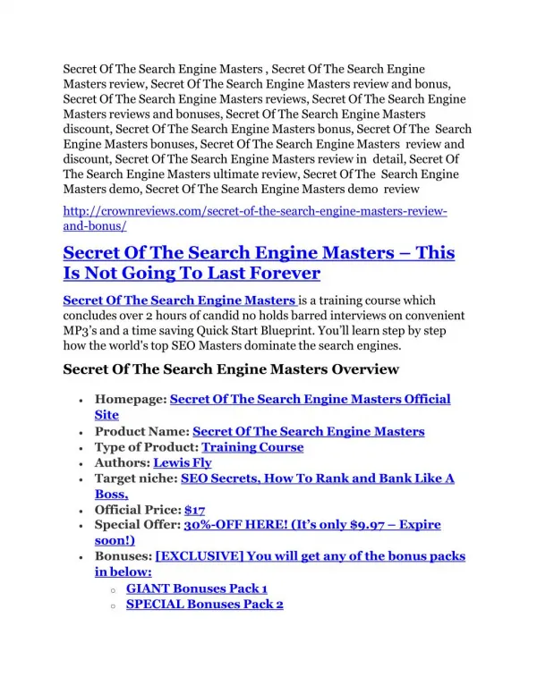 Secret Of The Search Engine Masters Review and (Free) GIANT $14,600 BONUS