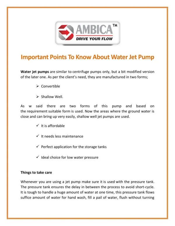 A Few Things to Know About Water Jet Pump