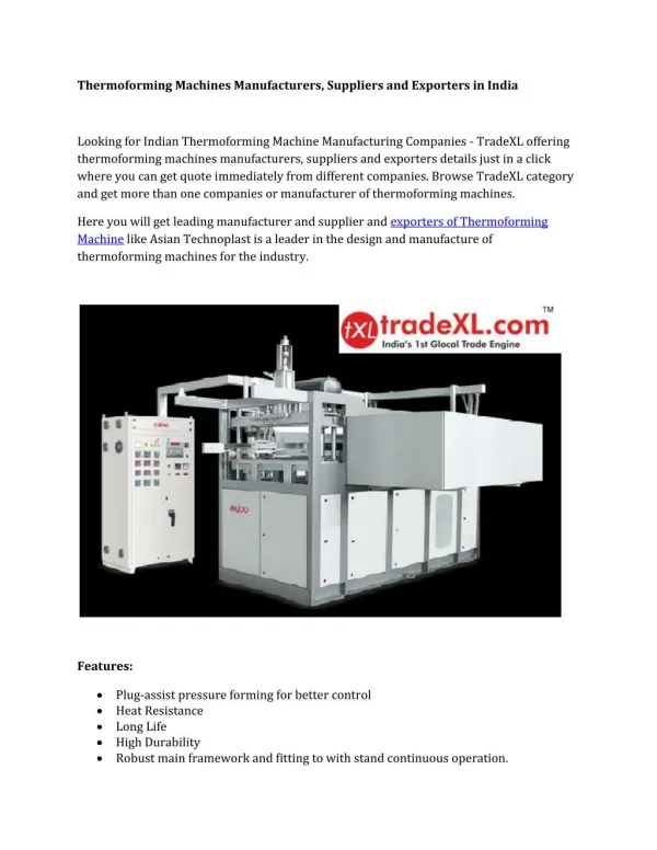 Thermoforming Machines Manufacturers, Suppliers and Exporters in India