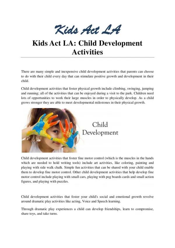 Kids Act LA: Child Development Activities