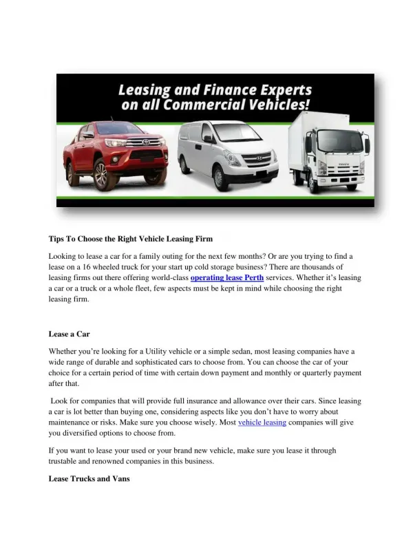 Perfect vehicle leasing, Experinced operating lease
