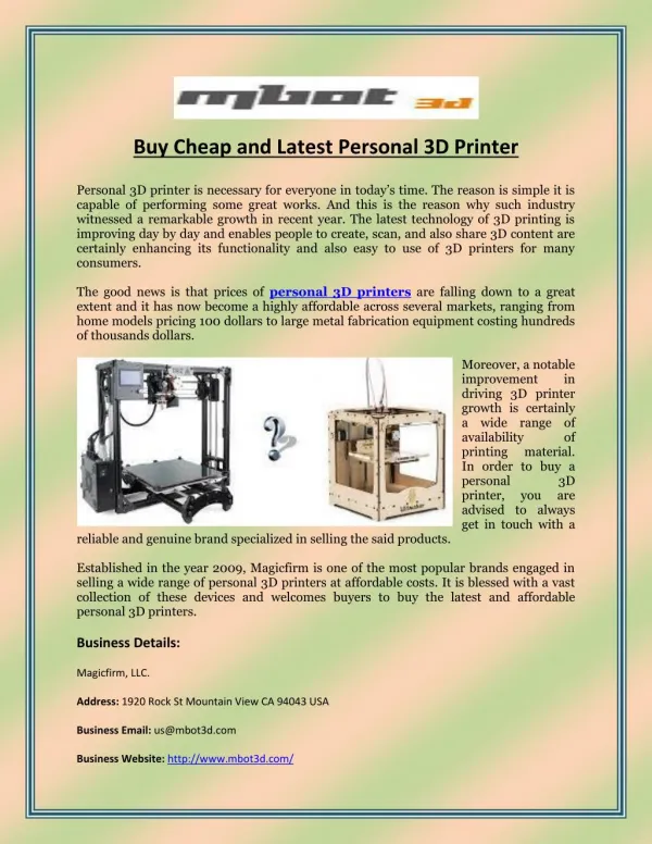 Buy Cheap and Latest Personal 3D Printer