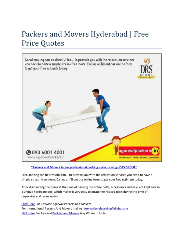 Packers and Movers Hyderabad | Free Price Quotes
