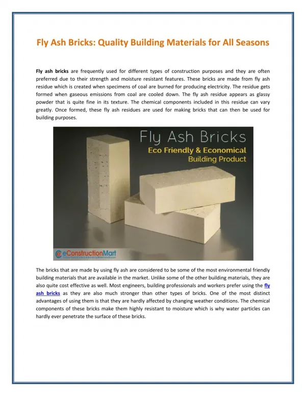Buy Quality and Eco-friendly Fly Ash Bricks from eConstructionMart