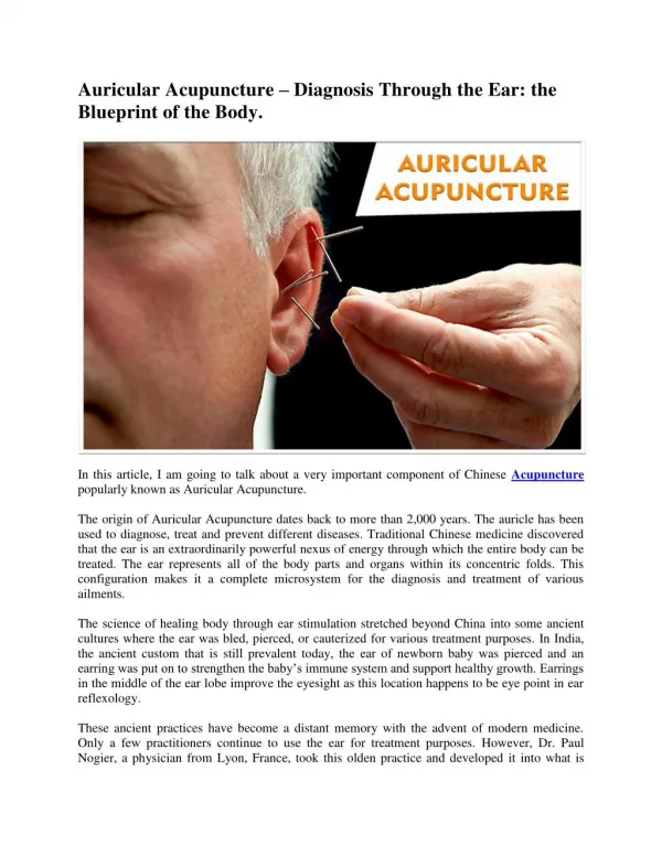 Auricular Acupuncture – Diagnosis Through the Ear: the Blueprint of the Body