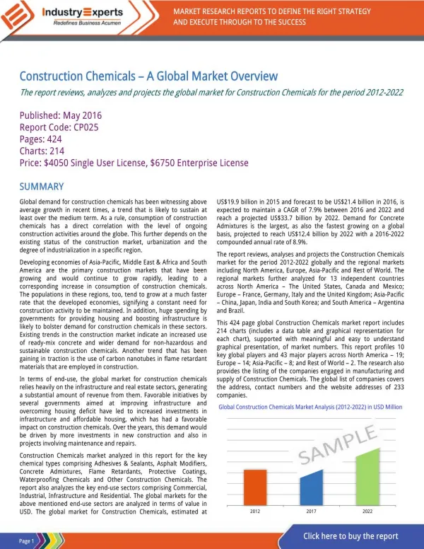 Construction Chemicals – A Global Market Overview