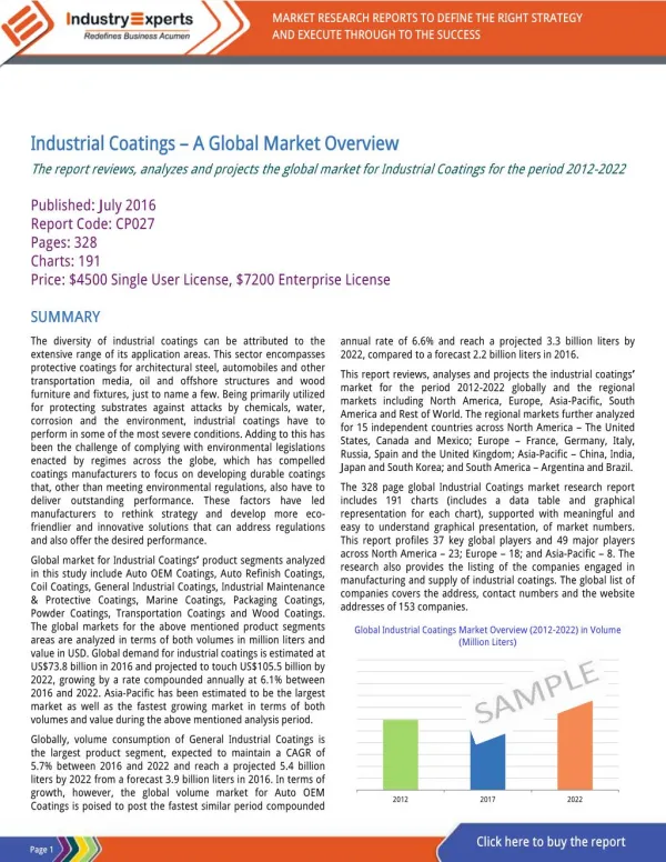 Growing Demand from Auto OEM to Lead Global Industrial Coatings Market Growth with 5.7% CAGR, to Reach 25 Billion Ltr by