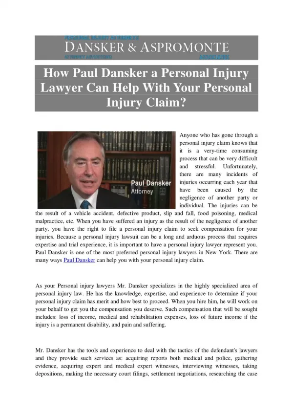 How Paul Dansker a Personal Injury Lawyer Can Help With Your Personal Injury Claim?