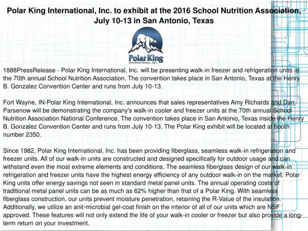 Polar King International, Inc. to exhibit at the 2016 School Nutrition Association, July 10-13 in San Antonio, Texas