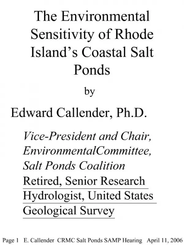 The Environmental Sensitivity of Rhode Island s Coastal Salt Ponds