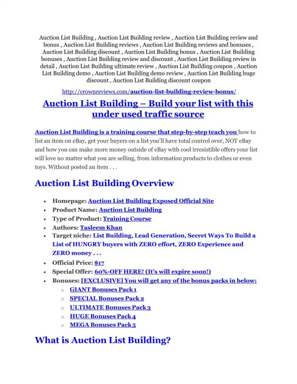 Auction List Building review - EXCLUSIVE bonus of Auction List Building