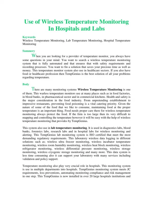 Use of Wireless Temperature Monitoring In Hospitals and Labs