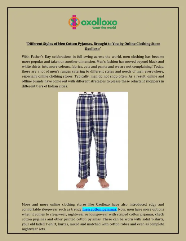 Different Styles of Men Cotton Pyjamas, Brought to You by Online Clothing Store Oxolloxo