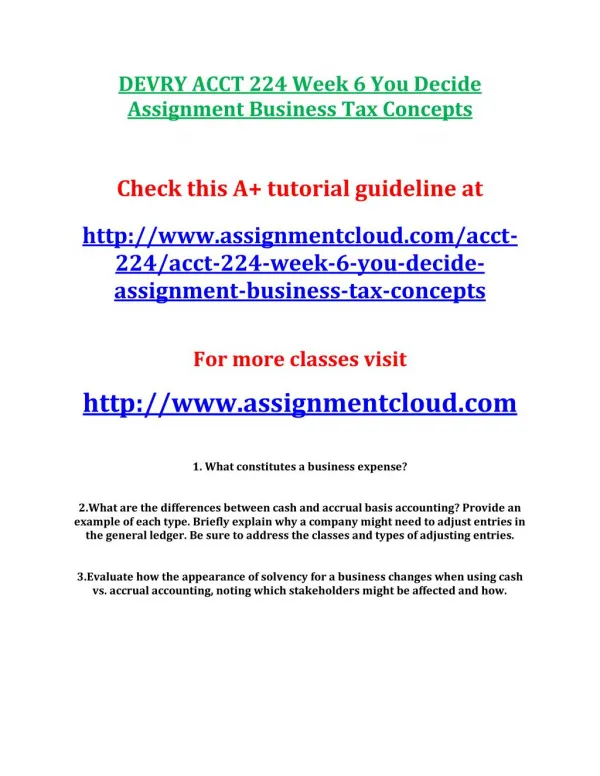 DEVRY ACCT 224 Week 6 You Decide Assignment Business Tax Concepts