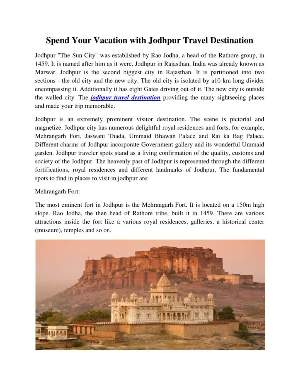 Spend Your Vacation with Jodhpur Travel Destination.pdf