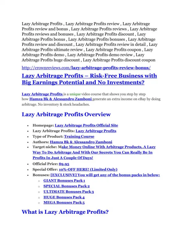 Lazy Arbitrage Profits review- Lazy Arbitrage Profits $27,300 bonus & discount