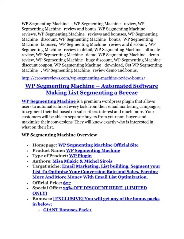WP Segmenting Machine review- WP Segmenting Machine (MEGA) $21,400 bonus
